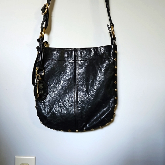 Fossil Black Leather Crossbody Bagwith Gold Studs - Picture 2 of 13